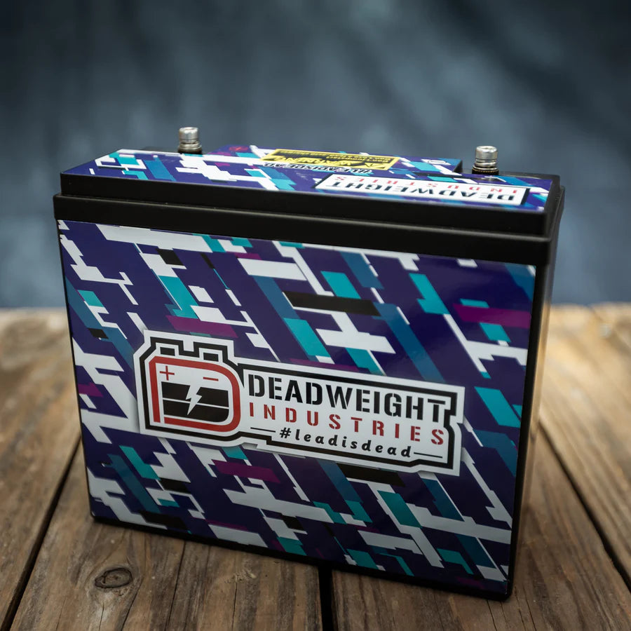 Deadweight Industries lightweight lithium battery. Weight reduction mod for race and track cars. 2kg weight and 500CCA cranking amps